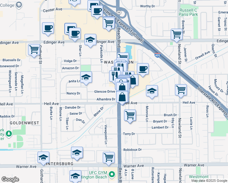map of restaurants, bars, coffee shops, grocery stores, and more near Glencoe Drive in Huntington Beach