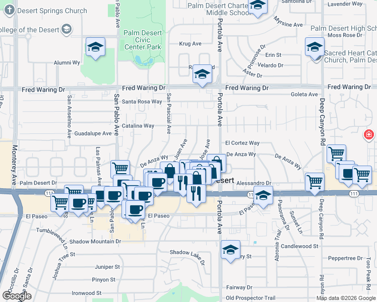map of restaurants, bars, coffee shops, grocery stores, and more near 44587 San Luis Rey Avenue in Palm Desert