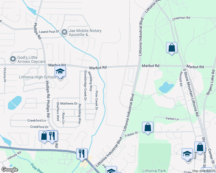 map of restaurants, bars, coffee shops, grocery stores, and more near 6520 Marbut Road in Lithonia