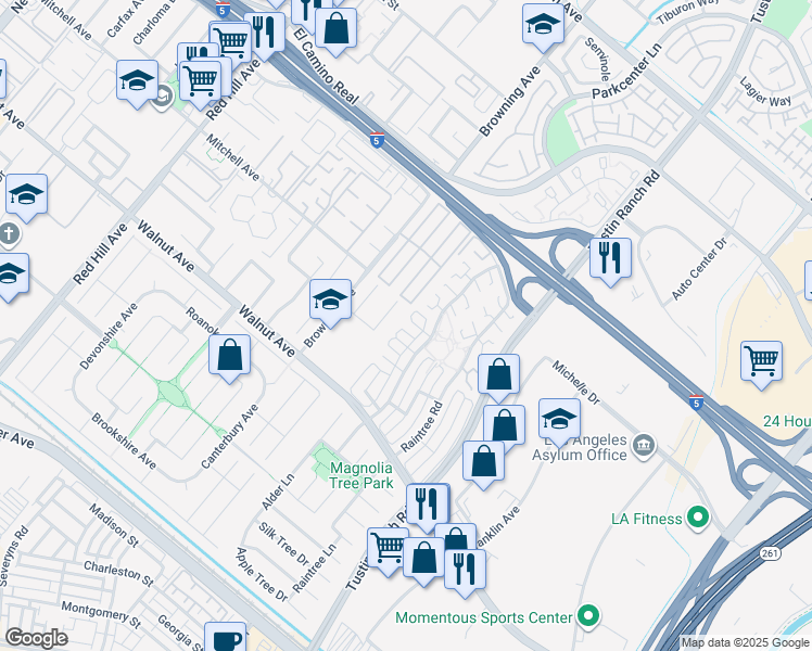 map of restaurants, bars, coffee shops, grocery stores, and more near 2142 Maple Court in Tustin