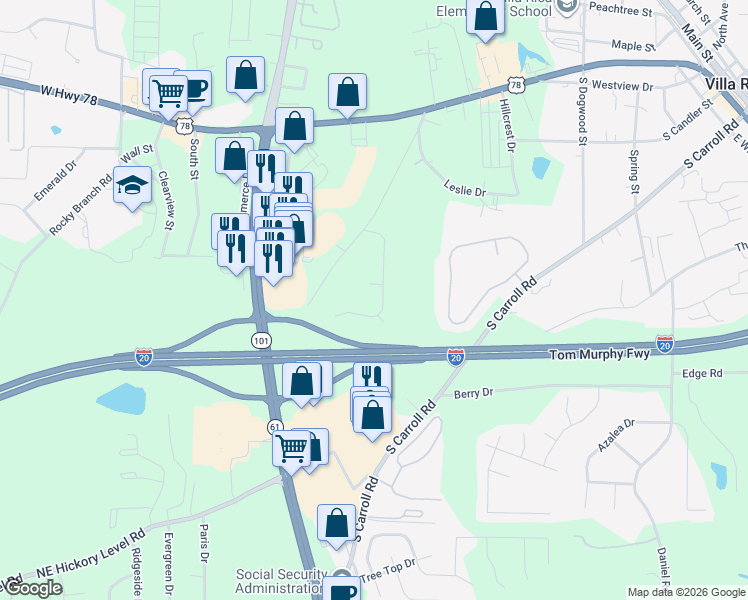 map of restaurants, bars, coffee shops, grocery stores, and more near 143 Lawrence Drive in Villa Rica