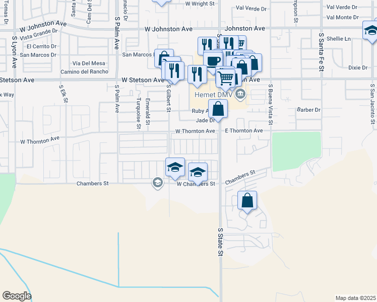 map of restaurants, bars, coffee shops, grocery stores, and more near 1455 South State Street in Hemet