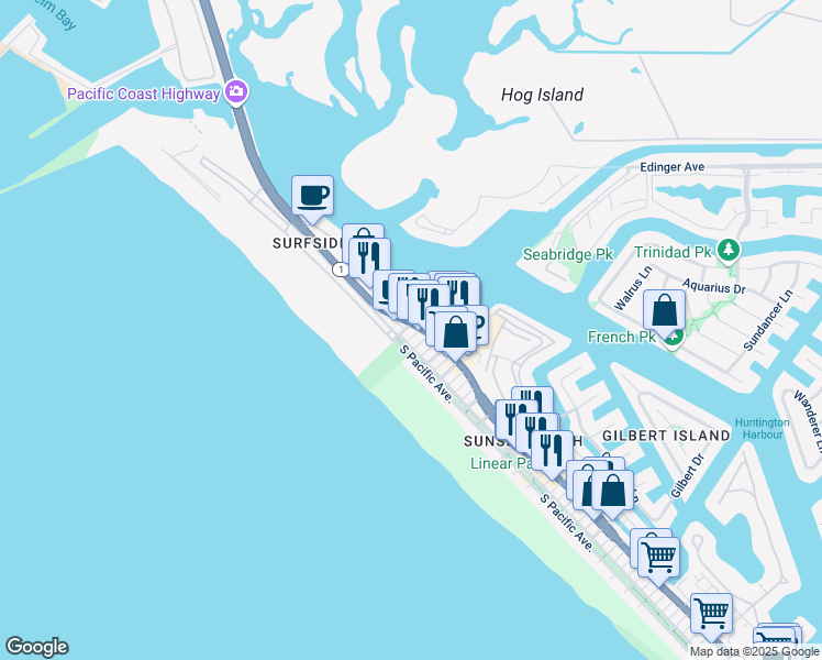 map of restaurants, bars, coffee shops, grocery stores, and more near 16321 Pacific Coast Highway in Huntington Beach
