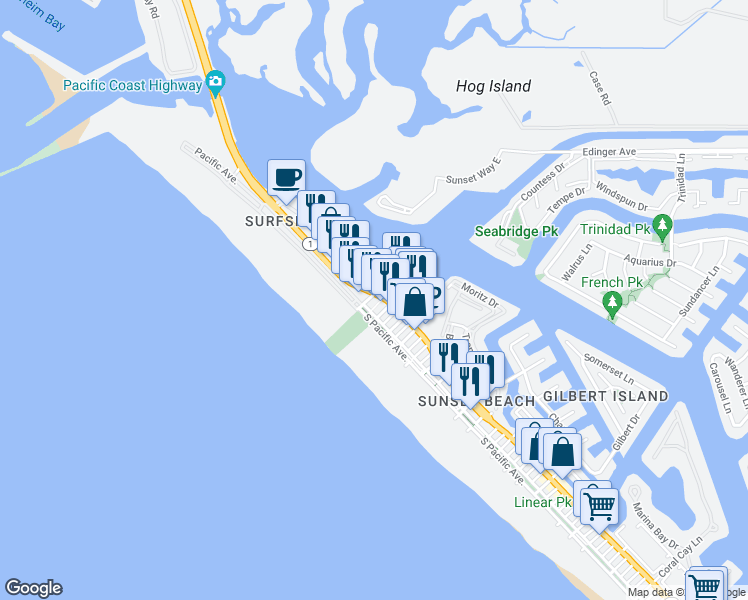 map of restaurants, bars, coffee shops, grocery stores, and more near 16321 Pacific Coast Highway in Huntington Beach