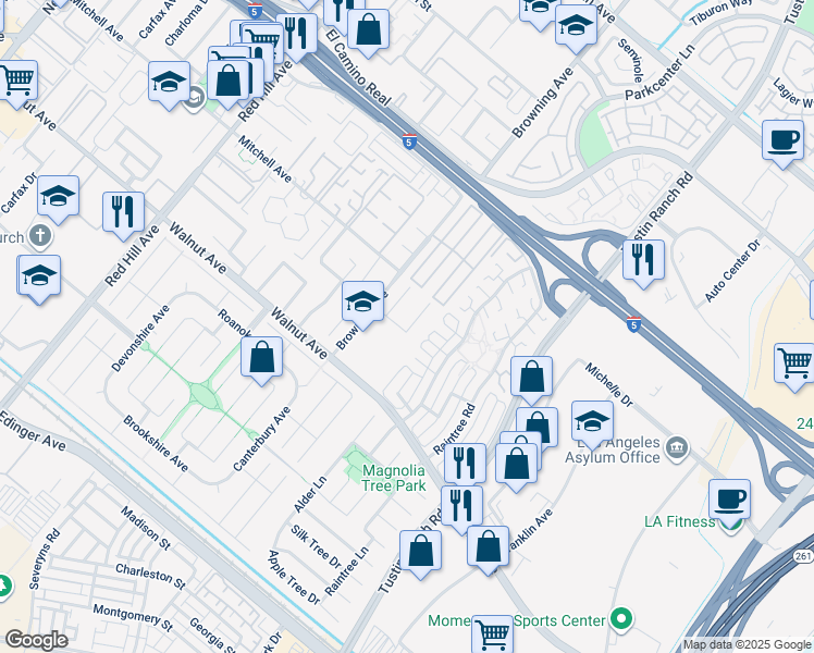 map of restaurants, bars, coffee shops, grocery stores, and more near 14331 Fernbrook Drive in Tustin