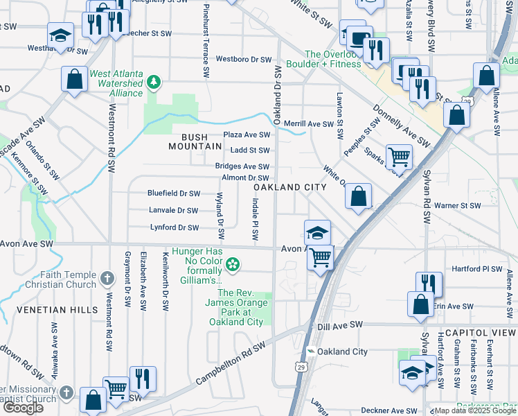 map of restaurants, bars, coffee shops, grocery stores, and more near 1119 Indale Place Southwest in Atlanta