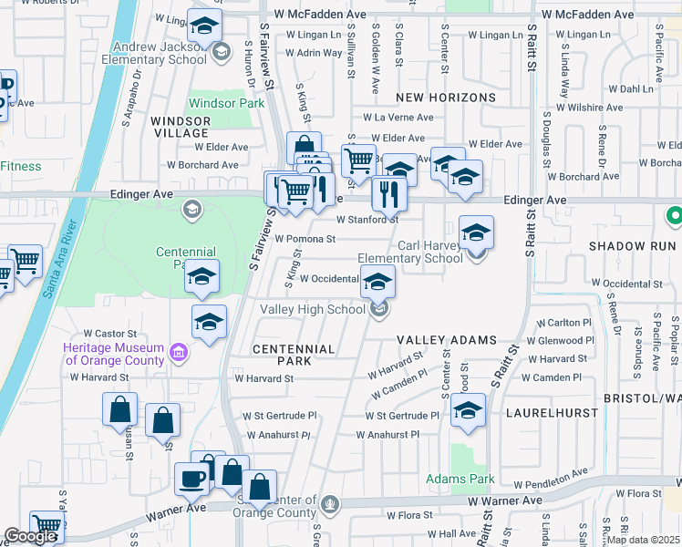 map of restaurants, bars, coffee shops, grocery stores, and more near 2513 West Occidental Street in Santa Ana