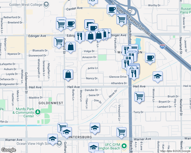 map of restaurants, bars, coffee shops, grocery stores, and more near 7651 Nancy Drive in Huntington Beach