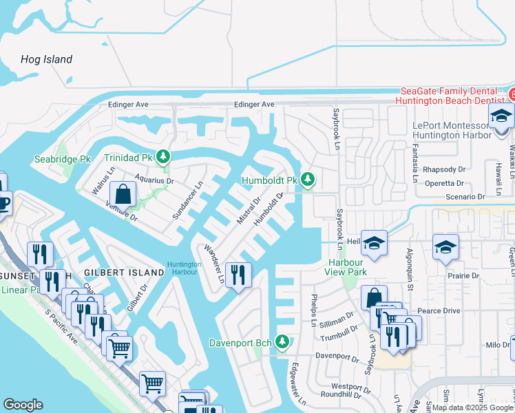 map of restaurants, bars, coffee shops, grocery stores, and more near 3962 Mistral Drive in Huntington Beach