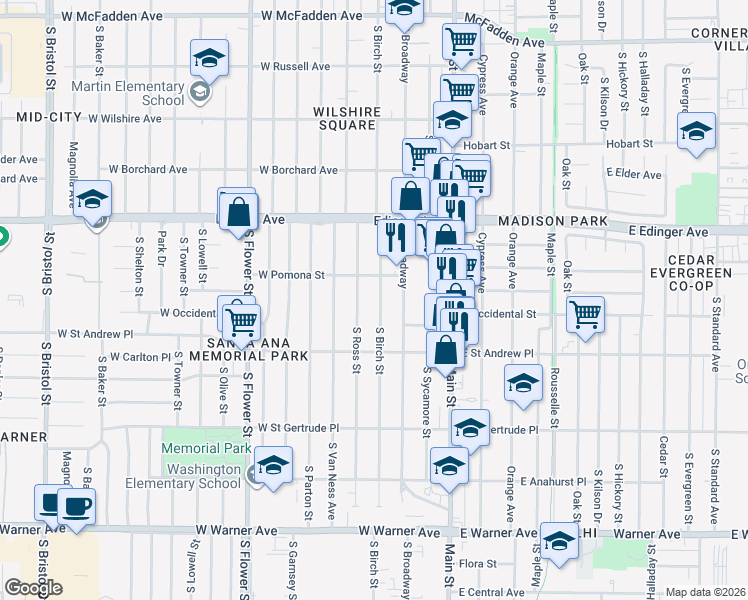 map of restaurants, bars, coffee shops, grocery stores, and more near 1719 South Ross Street in Santa Ana