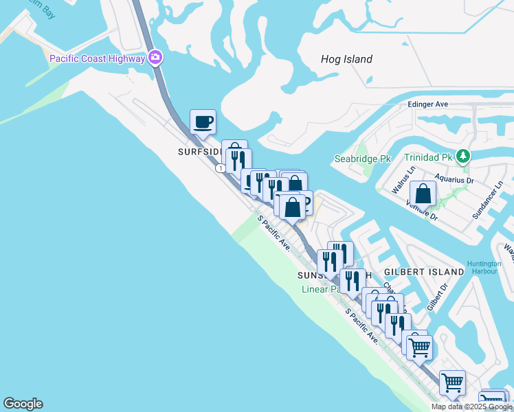 map of restaurants, bars, coffee shops, grocery stores, and more near 1 Anderson Street in Seal Beach