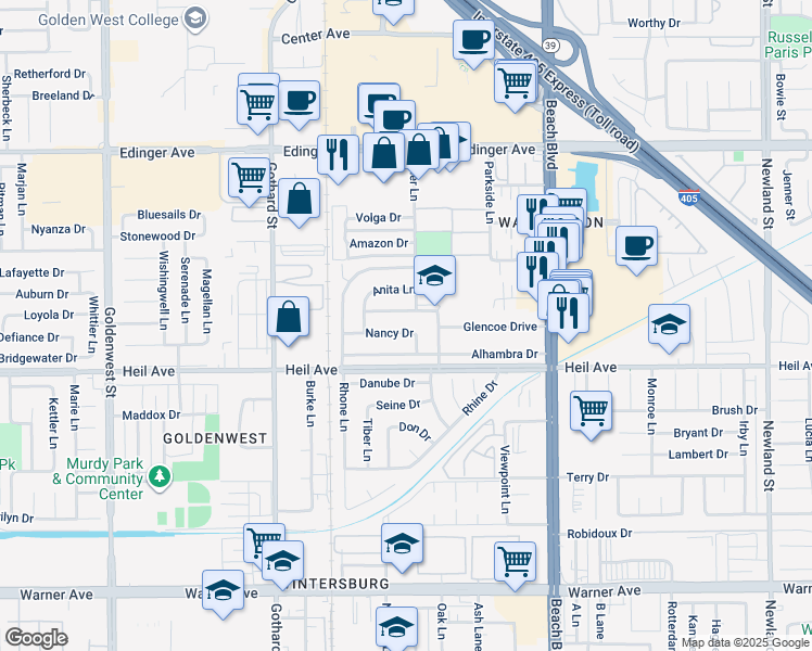 map of restaurants, bars, coffee shops, grocery stores, and more near 7651 Nancy Drive in Huntington Beach