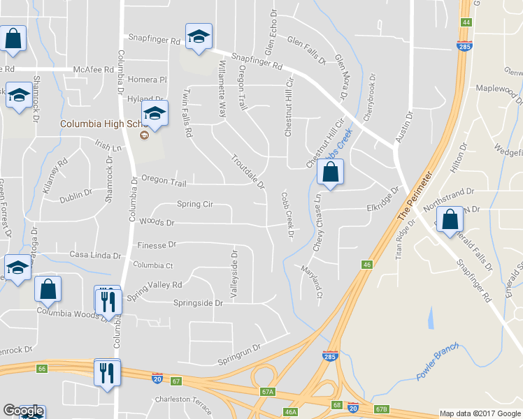 map of restaurants, bars, coffee shops, grocery stores, and more near 2217 Troutdale Drive in Decatur