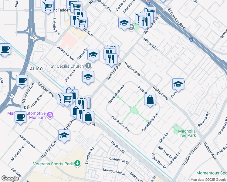 map of restaurants, bars, coffee shops, grocery stores, and more near 14712 Emerywood Road in Tustin
