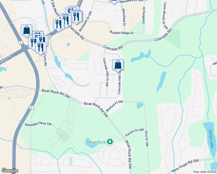 map of restaurants, bars, coffee shops, grocery stores, and more near 1150 Cascade Hills Drive Southwest in Atlanta