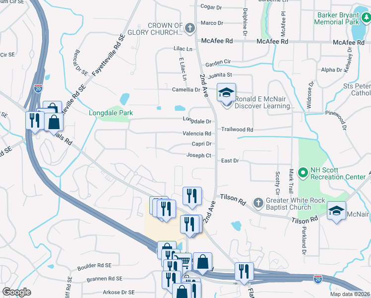 map of restaurants, bars, coffee shops, grocery stores, and more near 1949 Capri Drive in Decatur