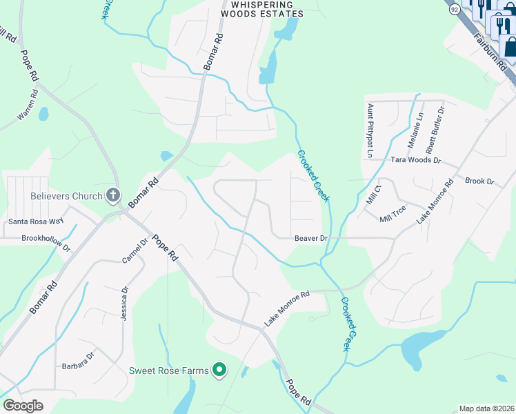 map of restaurants, bars, coffee shops, grocery stores, and more near 3162 Pilgrims Drive in Douglasville