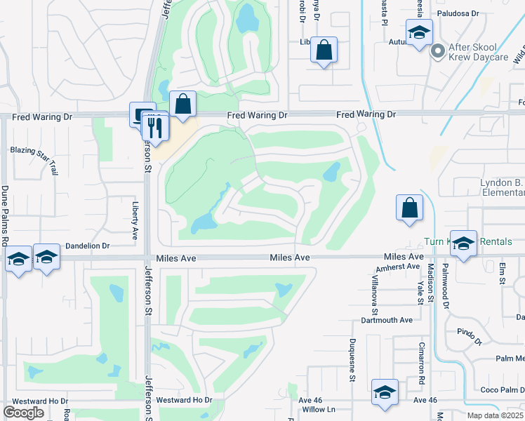 map of restaurants, bars, coffee shops, grocery stores, and more near 80554 Knightswood Road in Indio