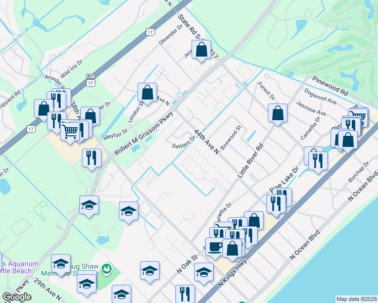 map of restaurants, bars, coffee shops, grocery stores, and more near 42 Longleaf Place in Myrtle Beach