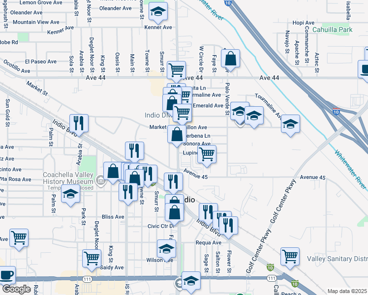 map of restaurants, bars, coffee shops, grocery stores, and more near 83053 Sonora Avenue in Indio