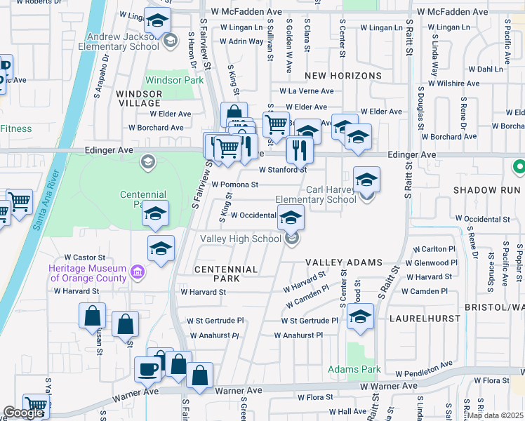 map of restaurants, bars, coffee shops, grocery stores, and more near 2513 West Occidental Street in Santa Ana