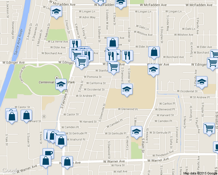 map of restaurants, bars, coffee shops, grocery stores, and more near 1710 S Greenville St in Santa Ana