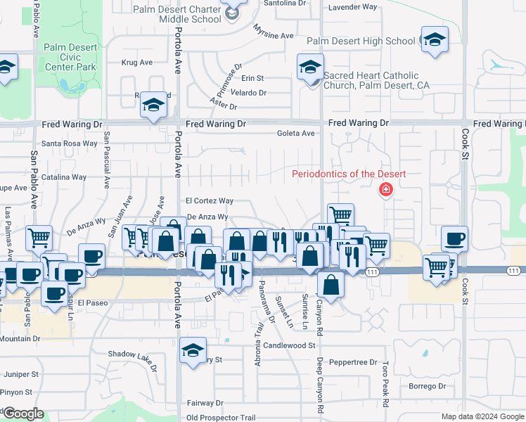 map of restaurants, bars, coffee shops, grocery stores, and more near 74280 Santa Ynez Avenue in Palm Desert