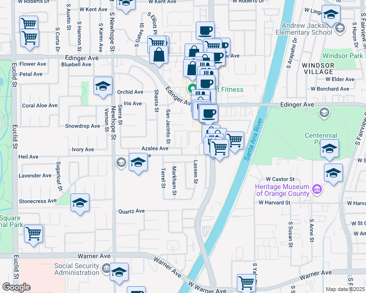 map of restaurants, bars, coffee shops, grocery stores, and more near 16454 Everest Circle in Fountain Valley