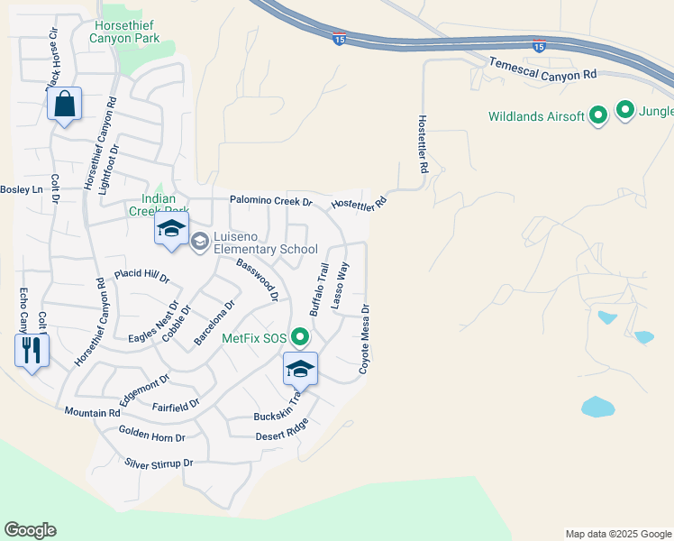 map of restaurants, bars, coffee shops, grocery stores, and more near 27223 Lasso Way in Corona