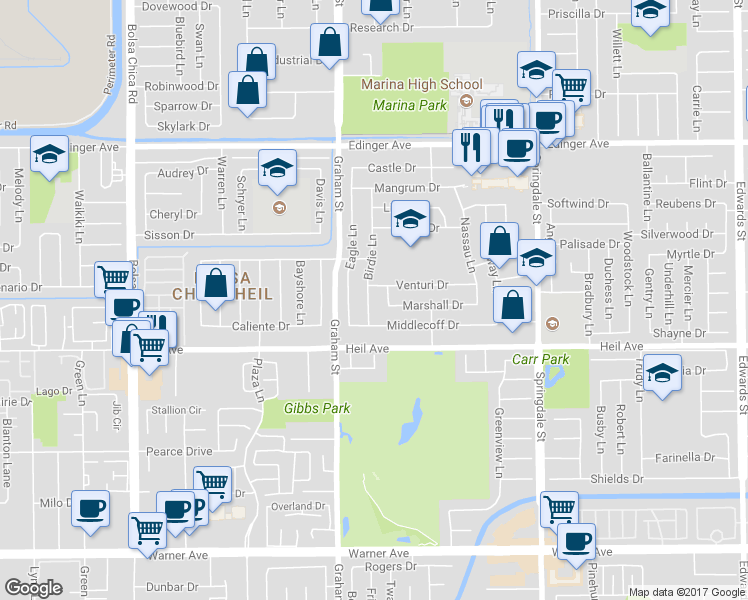 map of restaurants, bars, coffee shops, grocery stores, and more near 16372 Birdie Lane in Huntington Beach