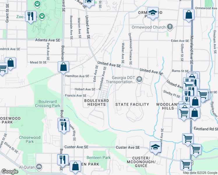 map of restaurants, bars, coffee shops, grocery stores, and more near 1144 Avondale Avenue Southeast in Atlanta