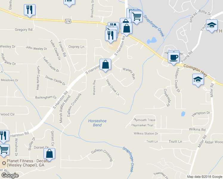 map of restaurants, bars, coffee shops, grocery stores, and more near 2310 Highbank Court in Decatur