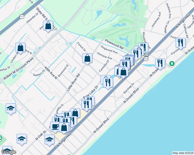 map of restaurants, bars, coffee shops, grocery stores, and more near 4704 Camellia Drive in Myrtle Beach