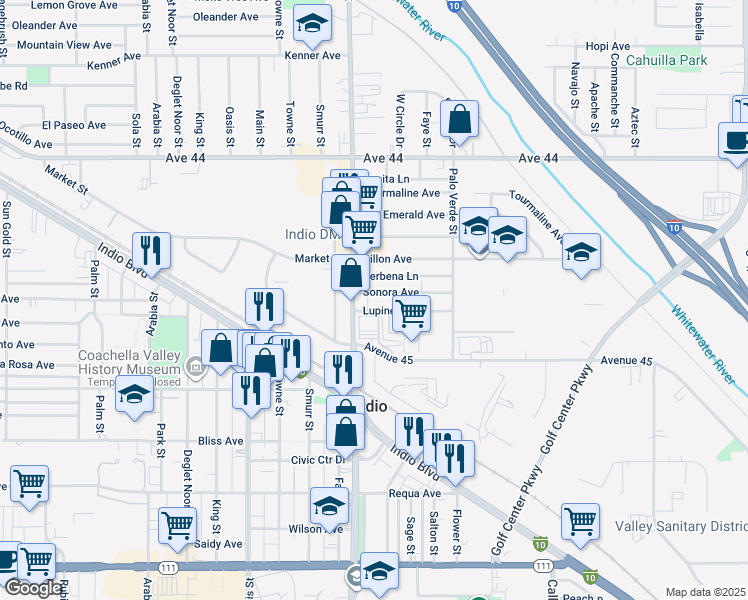 map of restaurants, bars, coffee shops, grocery stores, and more near 83053 Sonora Avenue in Indio