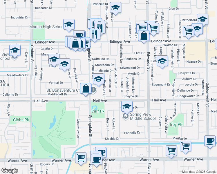 map of restaurants, bars, coffee shops, grocery stores, and more near 16362 Bradbury Lane in Huntington Beach