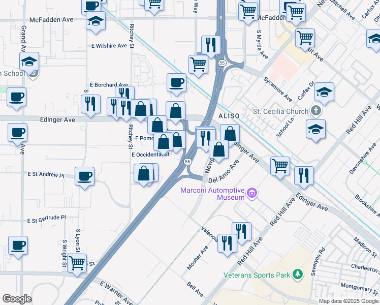 map of restaurants, bars, coffee shops, grocery stores, and more near Costa Mesa Fwy in Santa Ana