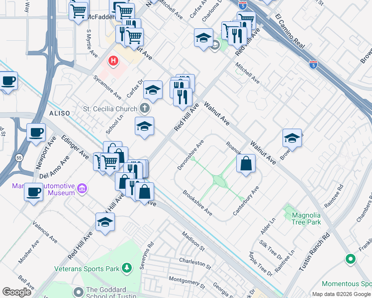 map of restaurants, bars, coffee shops, grocery stores, and more near 14712 Emerywood Road in Tustin