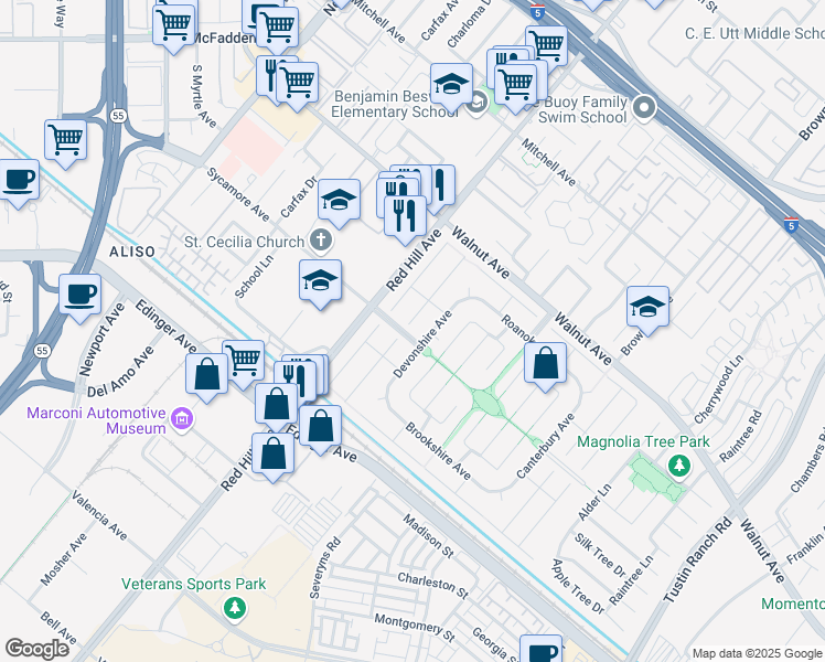 map of restaurants, bars, coffee shops, grocery stores, and more near 14712 Emerywood Road in Tustin