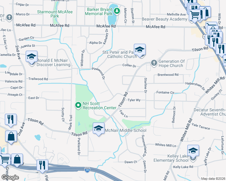 map of restaurants, bars, coffee shops, grocery stores, and more near 2354 Pinewood Drive in Decatur