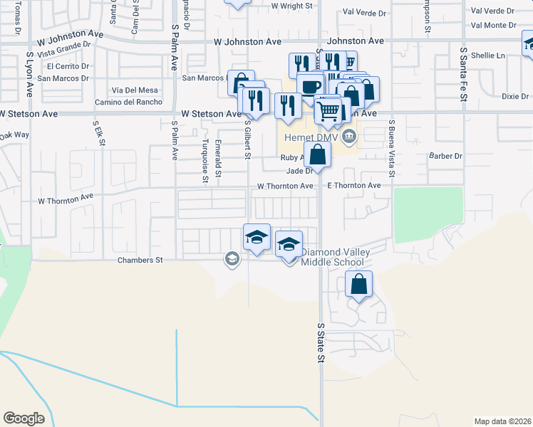 map of restaurants, bars, coffee shops, grocery stores, and more near 1455 South State Street in Hemet