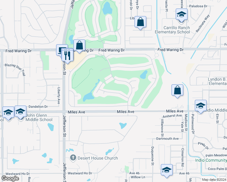 map of restaurants, bars, coffee shops, grocery stores, and more near 80554 Knightswood Road in Indio