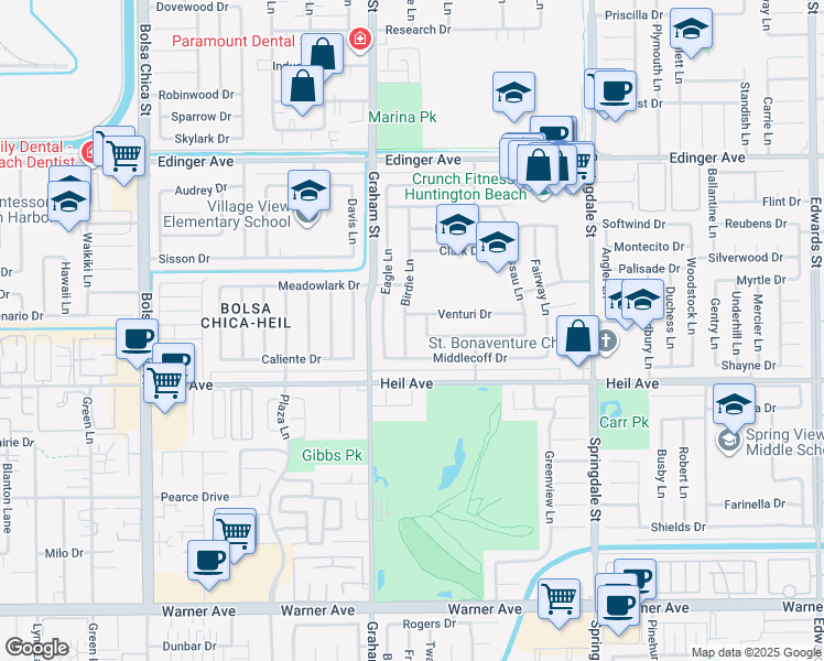 map of restaurants, bars, coffee shops, grocery stores, and more near 16372 Birdie Lane in Huntington Beach