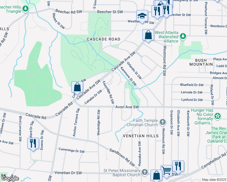 map of restaurants, bars, coffee shops, grocery stores, and more near 1142 Eastridge Road Southwest in Atlanta