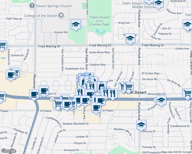 map of restaurants, bars, coffee shops, grocery stores, and more near 44525 San Carlos Avenue in Palm Desert
