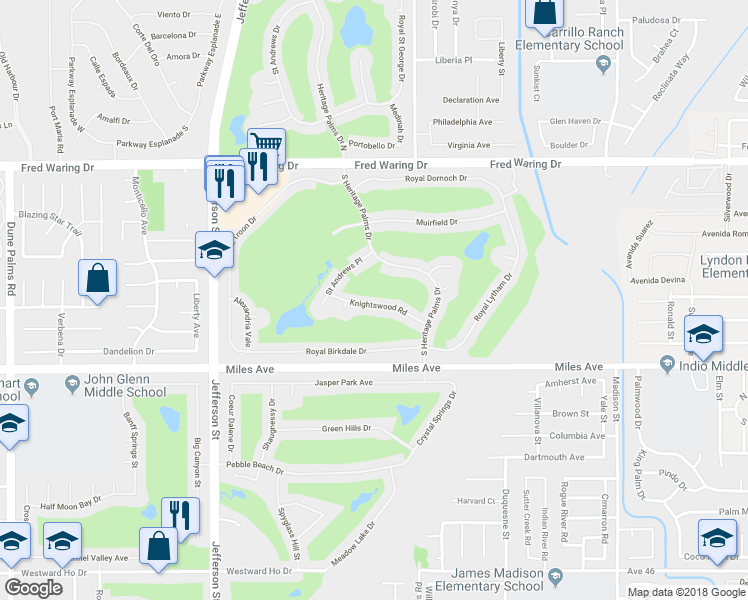 map of restaurants, bars, coffee shops, grocery stores, and more near 80550 Knightswood Road in Indio