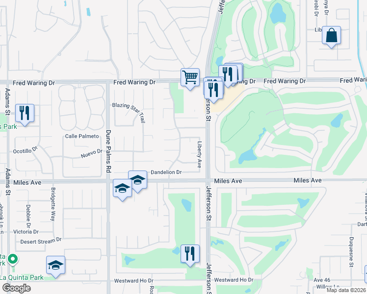map of restaurants, bars, coffee shops, grocery stores, and more near 44650 Monticello Avenue in La Quinta