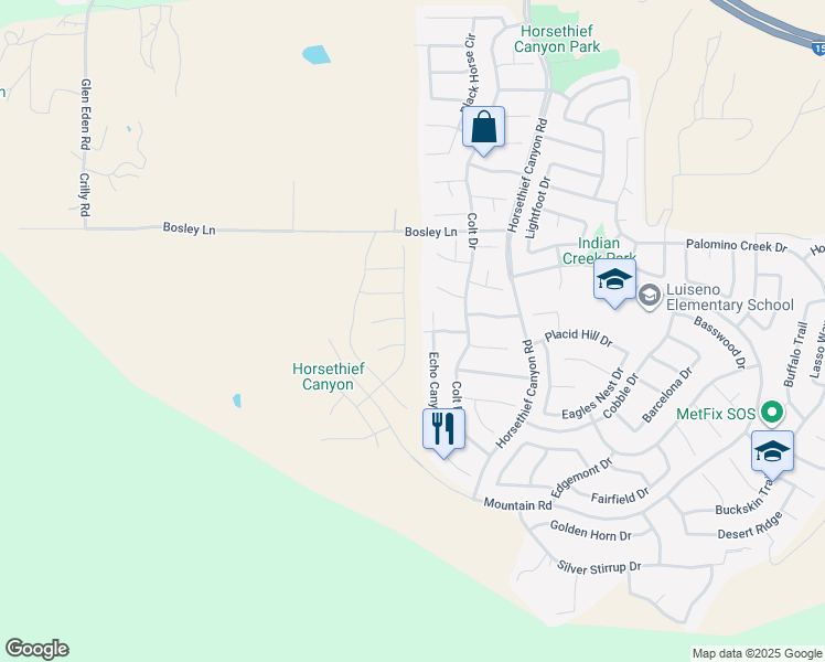map of restaurants, bars, coffee shops, grocery stores, and more near 27341 Denali Court in Corona