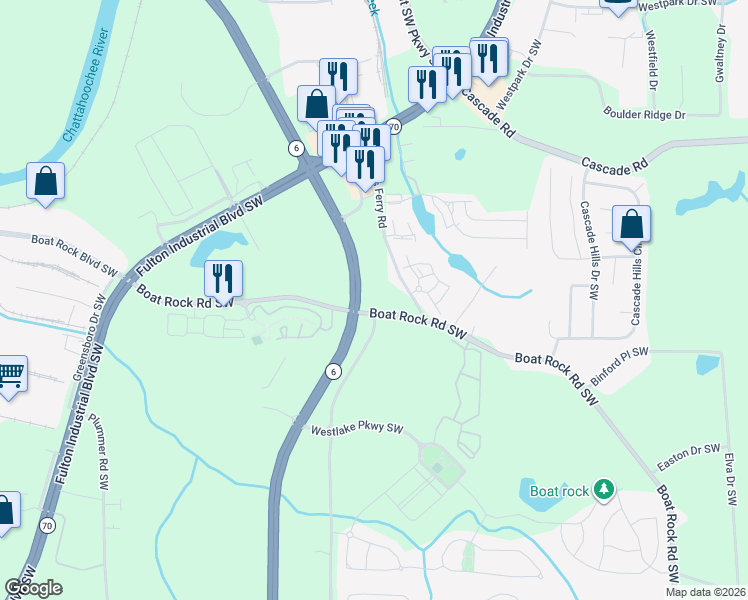 map of restaurants, bars, coffee shops, grocery stores, and more near 952 Boat Rock Rd SW in Atlanta