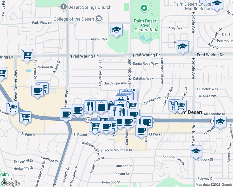 map of restaurants, bars, coffee shops, grocery stores, and more near 73401 Royal Palm Drive in Palm Desert
