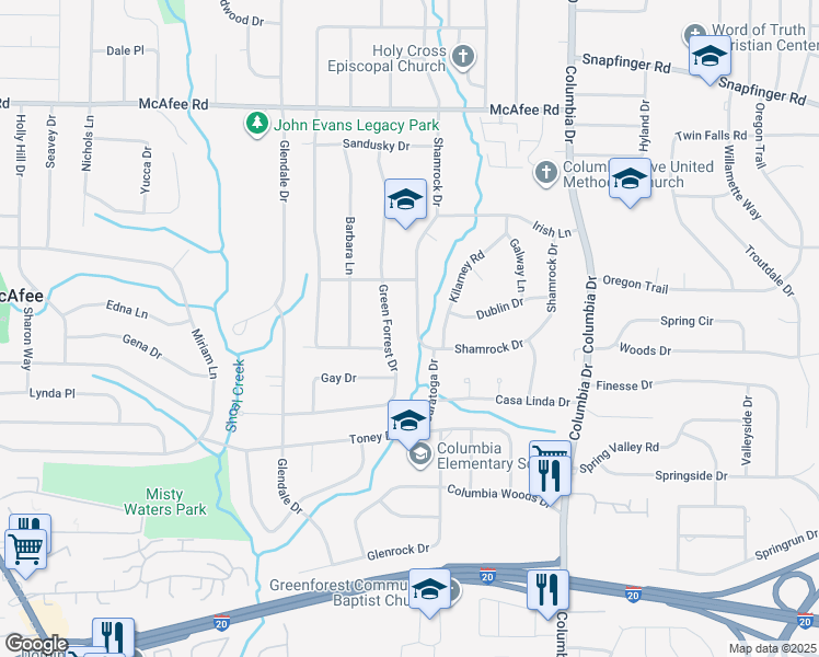 map of restaurants, bars, coffee shops, grocery stores, and more near 2215 Shamrock Drive in Decatur